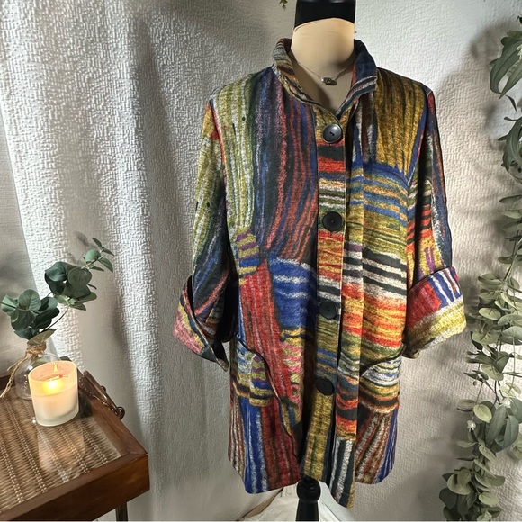 Ali Miles Lagenlook Artsy Abstract Art Knit Wire Collar Jacket XL - Picture 2 of 12